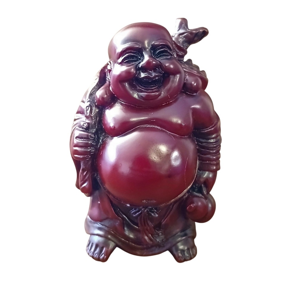Vintage Red Laughing Buddha Hotei Figurine Prosperity Statue 2.5 Inch Small